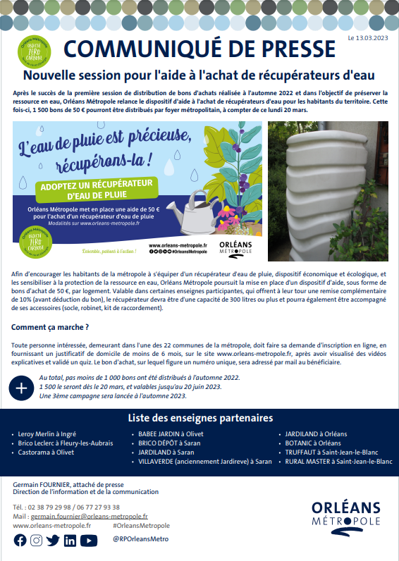 Orléans Métropole – Nouvelle session pour l’aide à l’achat de récupérateurs d’eau