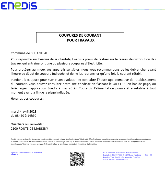 ENEDIS – Coupure d’électricité programmée le 04/04/2023