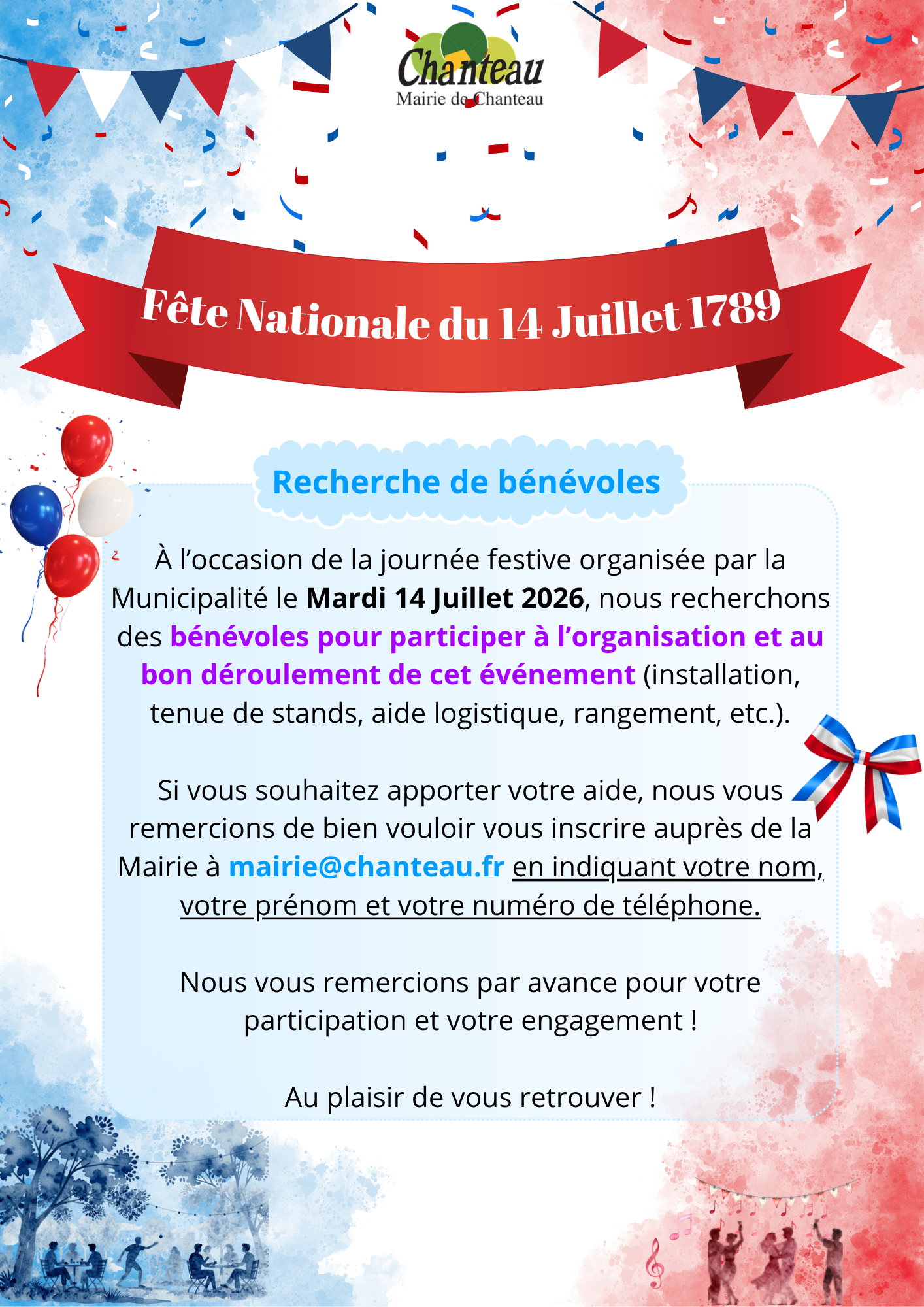 Recherche bénévoles – Fête Nationale du 14 Juillet 1789 🇫🇷