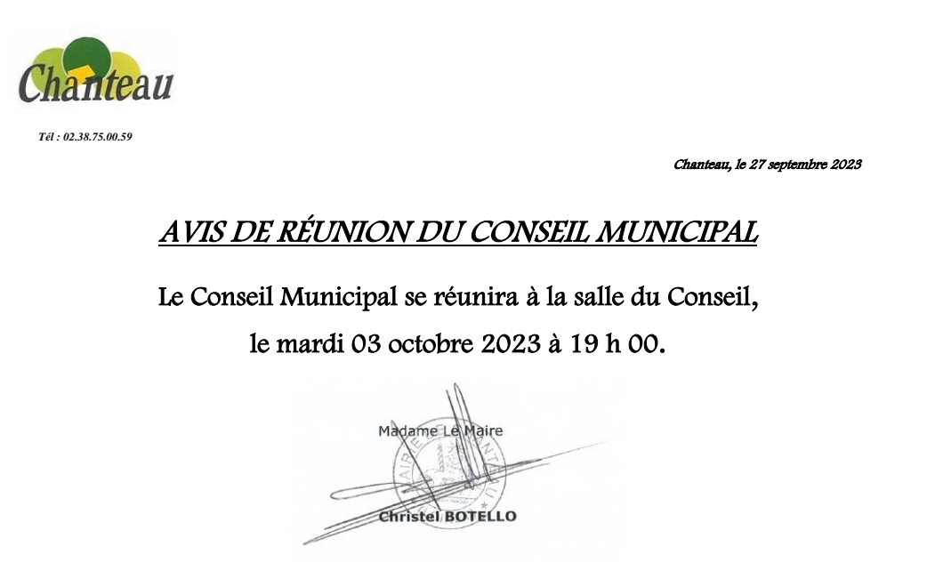 Conseil Municipal- Mardi 03 octobre – 19h