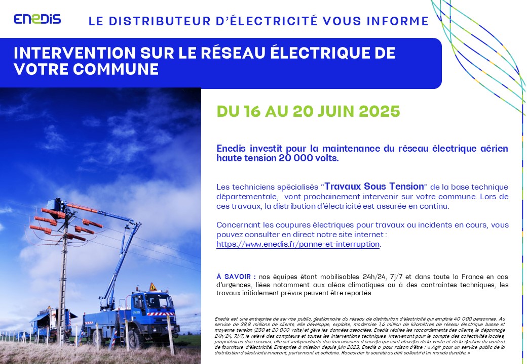 Enedis vous informe : travaux sous tension du 16 au 20 Juin