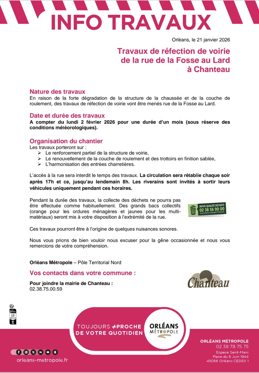 Orléans Métropole : Info travaux – Rue de la Fosse au Lard 🚧