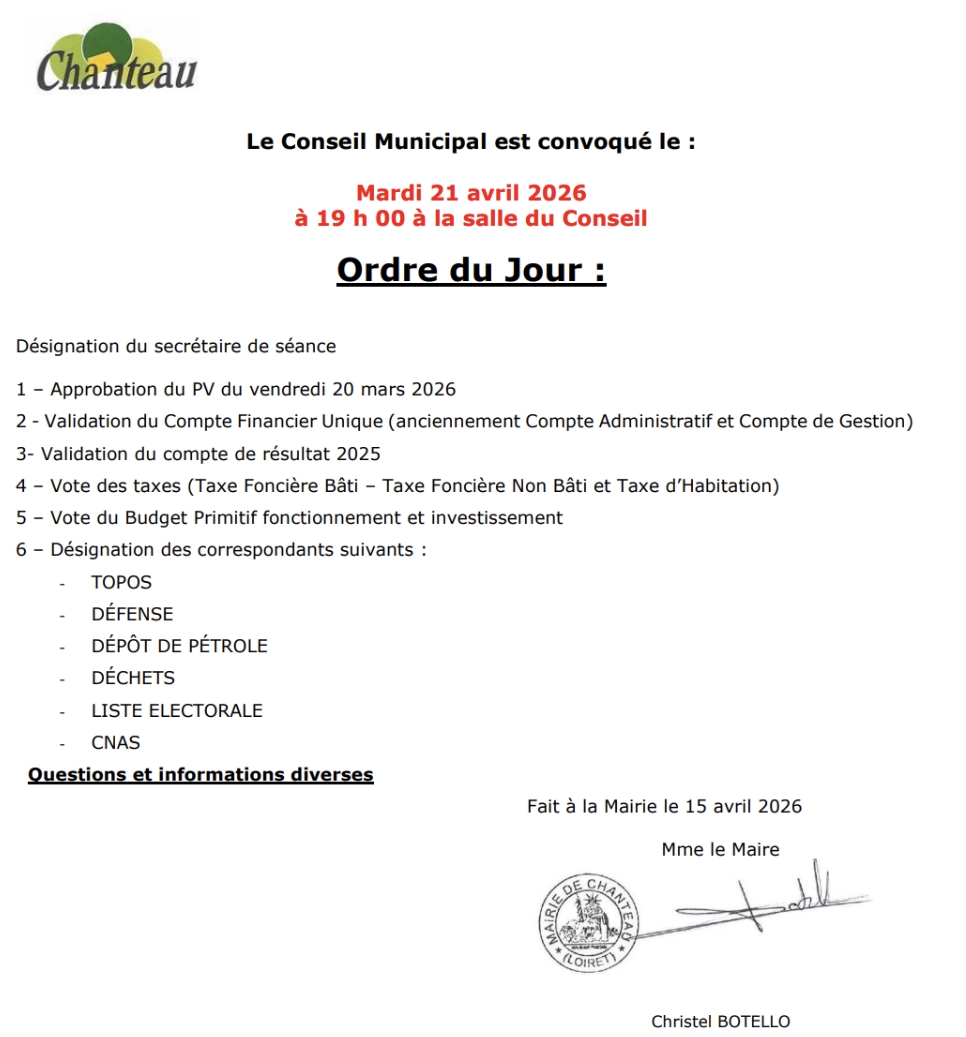 Conseil Municipal – Mardi 21 Avril 2026 – 19h