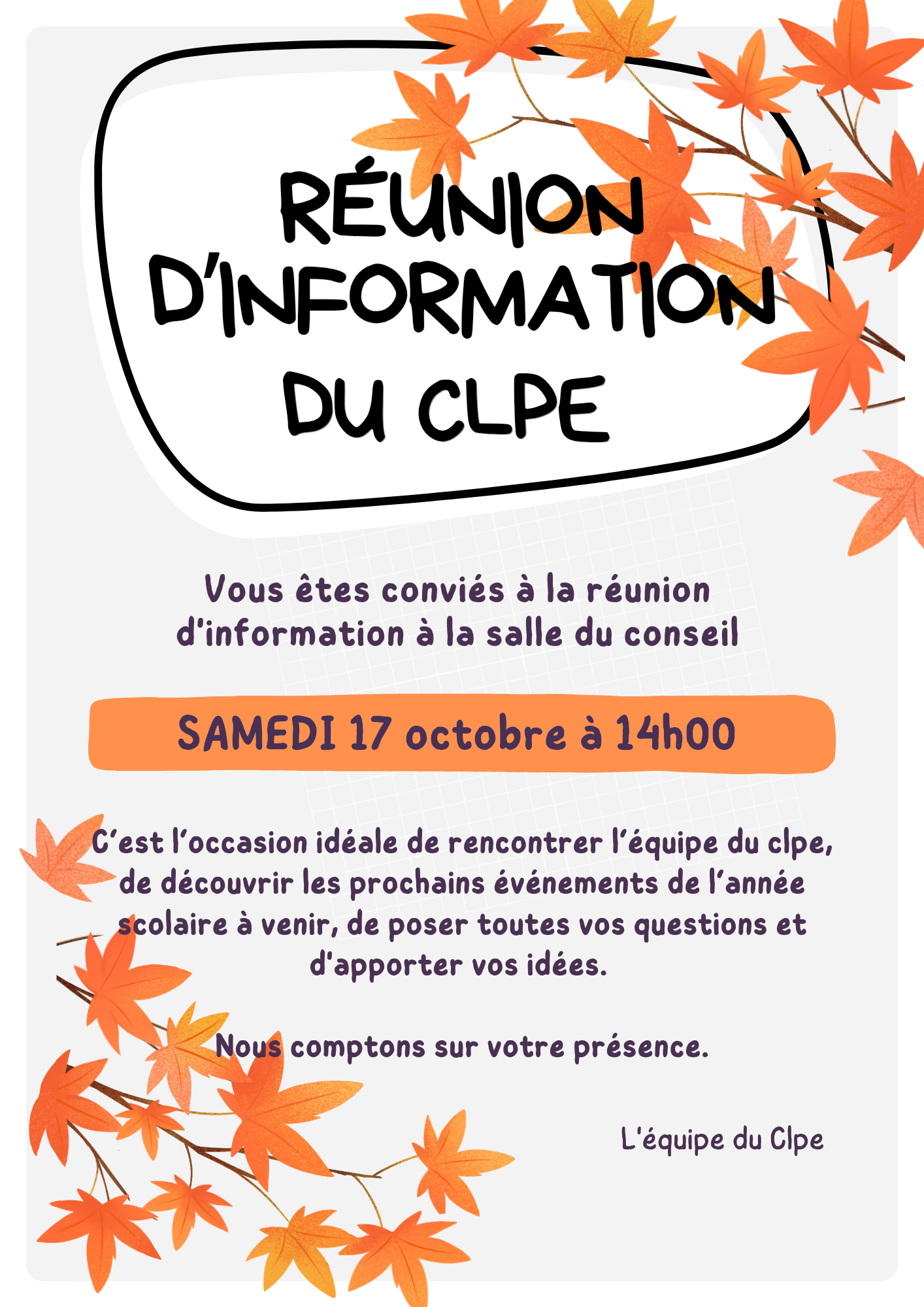 CLPE : Réunion d&rsquo;information ℹ️ – Vendredi 17 Octobre 2026